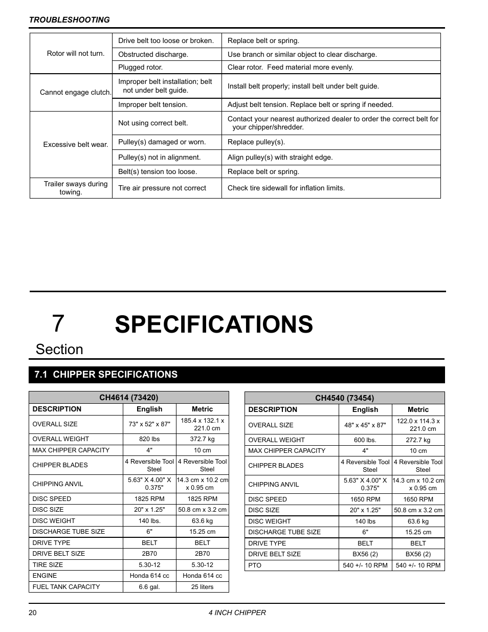 Specifications, 1 chipper specifications, Specifications 7 | Echo 73413 Owners Manual v.3 User Manual | Page 24 / 28