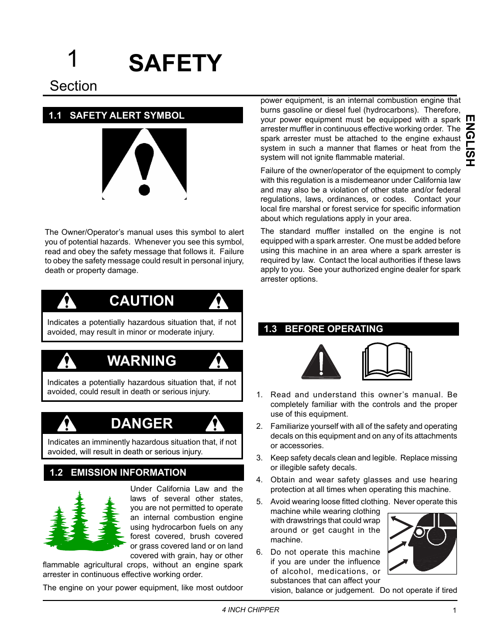 Safety, 1 safety alert symbol, 2 emission information | 3 before operating, Safety 1, Caution, Danger, Warning, English | Echo 73413 Owners Manual v.3 User Manual | Page 5 / 28
