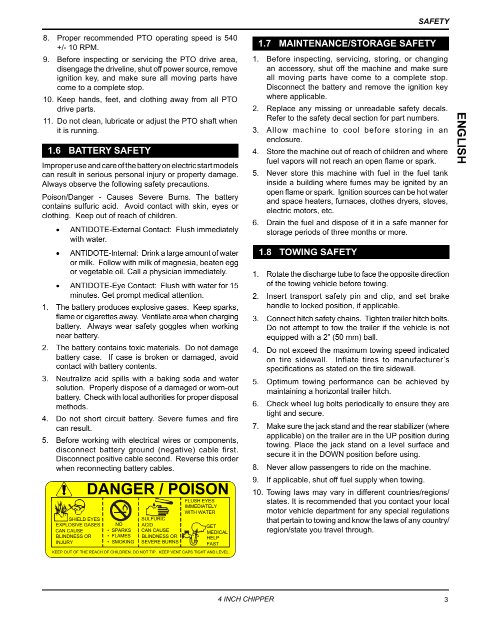 6 battery safety, 7 maintenance/storage safety, 8 towing safety | Danger / poison, English | Echo 73413 Owners Manual v.3 User Manual | Page 7 / 28