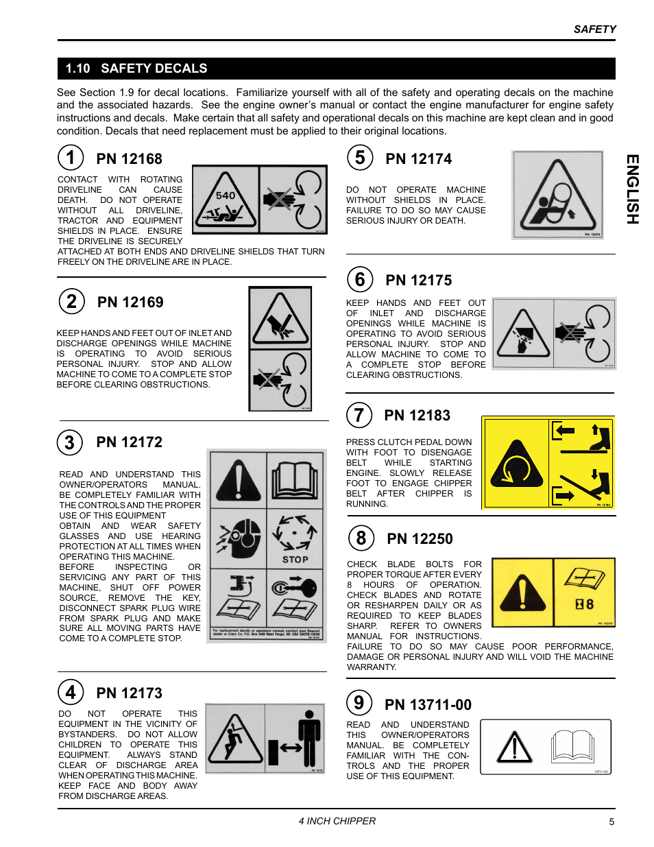 10 safety decals, English | Echo 73413 Owners Manual v.3 User Manual | Page 9 / 28