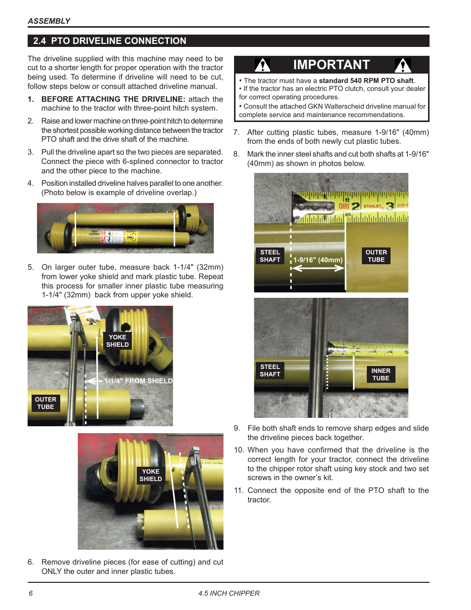 4 pto driveline connection, Important | Echo CH45540 Owners Manual v.5 User Manual | Page 10 / 24