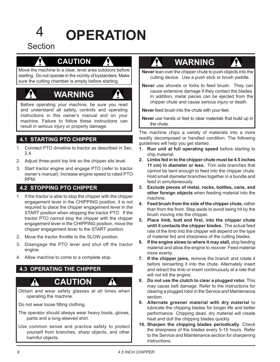 Operation, 1 starting pto chipper, 2 stopping pto chipper | 3 operating the chipper, Operation 4, Warning, Caution | Echo CH45540 Owners Manual v.5 User Manual | Page 12 / 24