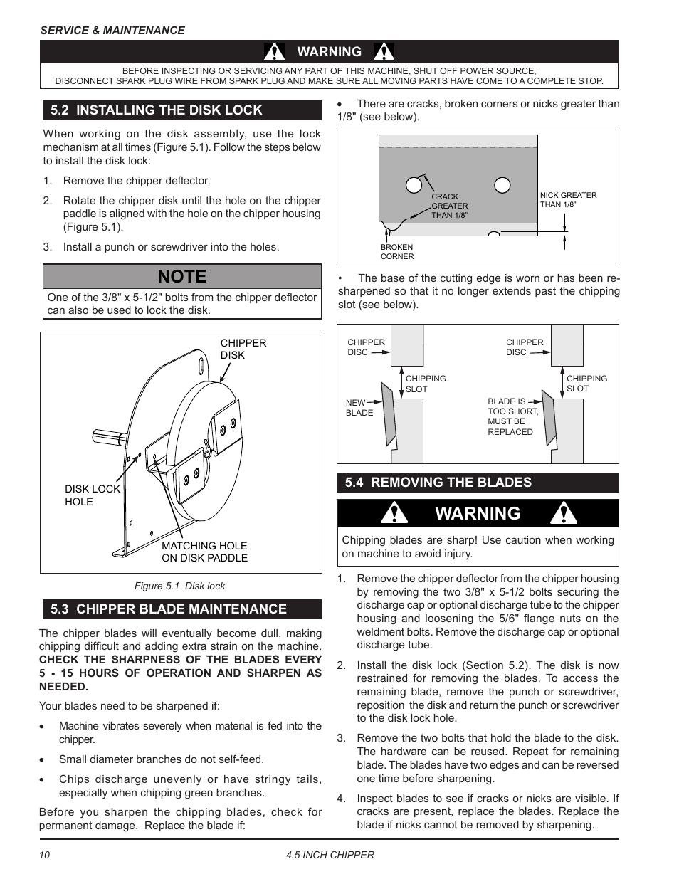 2 installing the disk lock, 3 chipper blade maintenance, 4 removing the blades | Warning | Echo CH45540 Owners Manual v.5 User Manual | Page 14 / 24