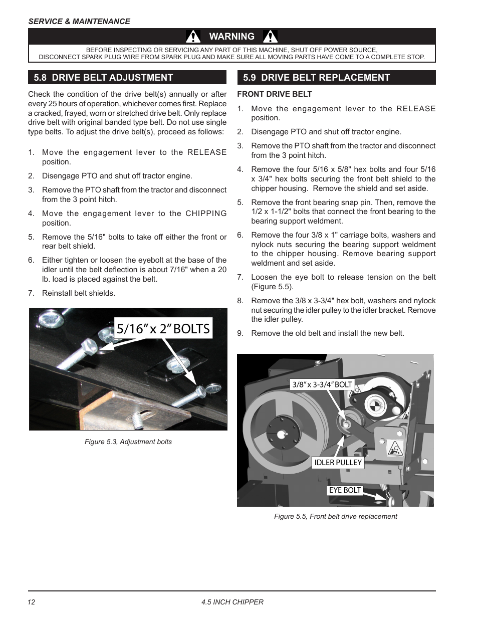 8 drive belt adjustment, 9 drive belt replacement, 8 drive belt adjustment 5.9 drive belt replacement | Echo CH45540 Owners Manual v.5 User Manual | Page 16 / 24