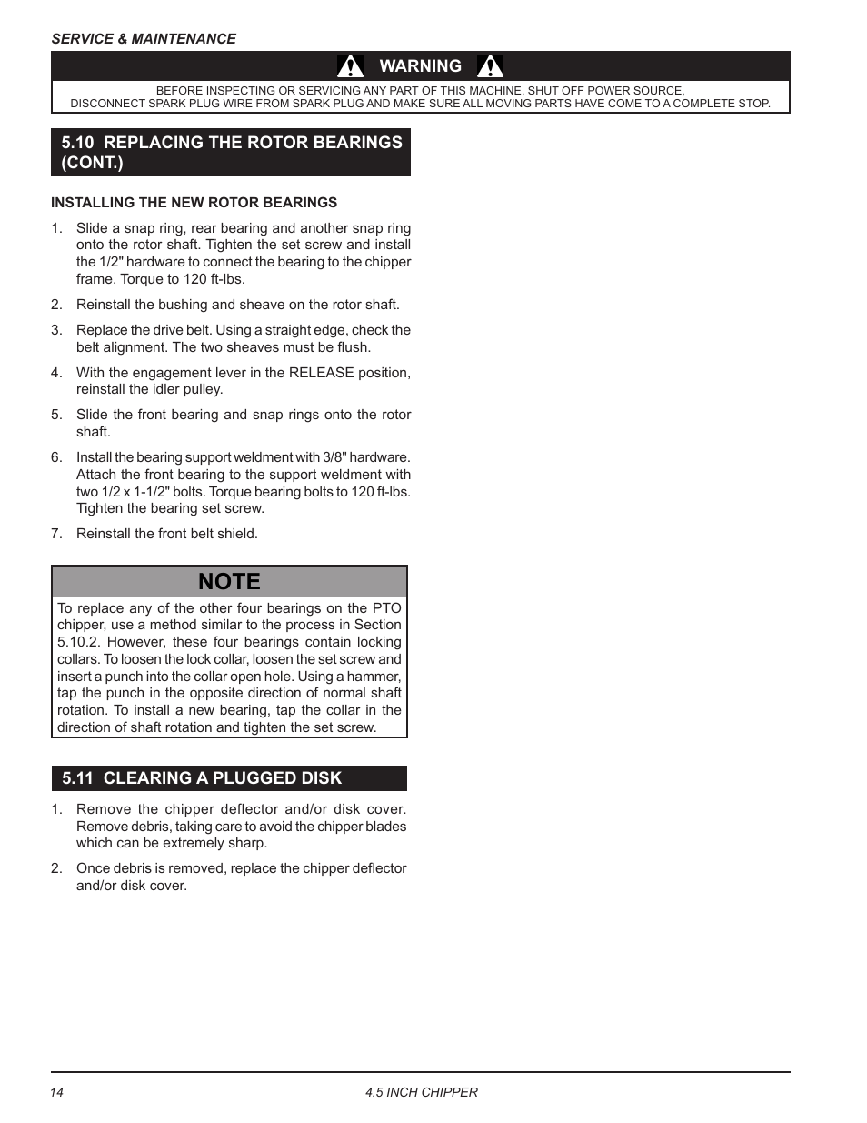 10 replacing the rotor bearings (cont.), 11 clearing a plugged disk | Echo CH45540 Owners Manual v.5 User Manual | Page 18 / 24