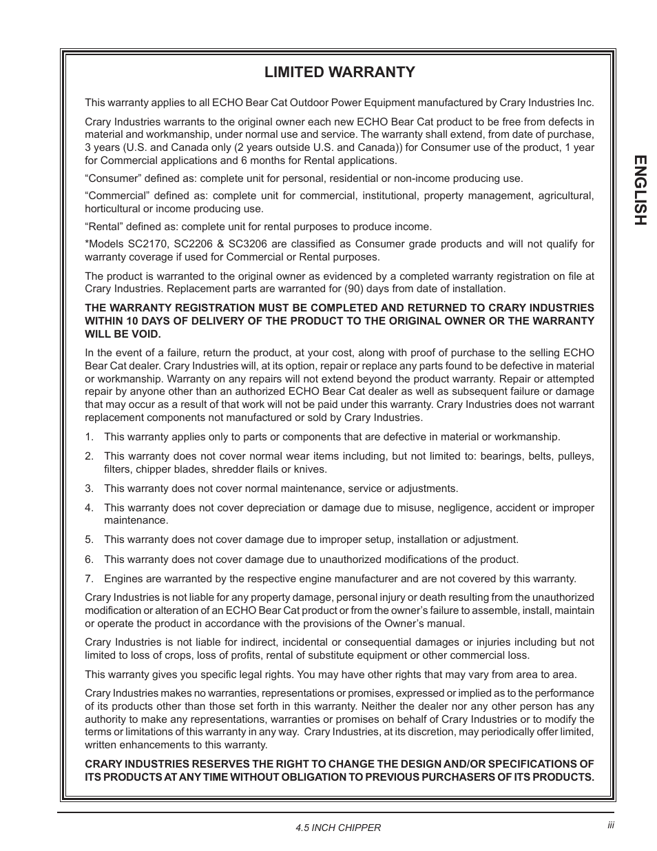 English, Limited warranty | Echo CH45540 Owners Manual v.5 User Manual | Page 3 / 24