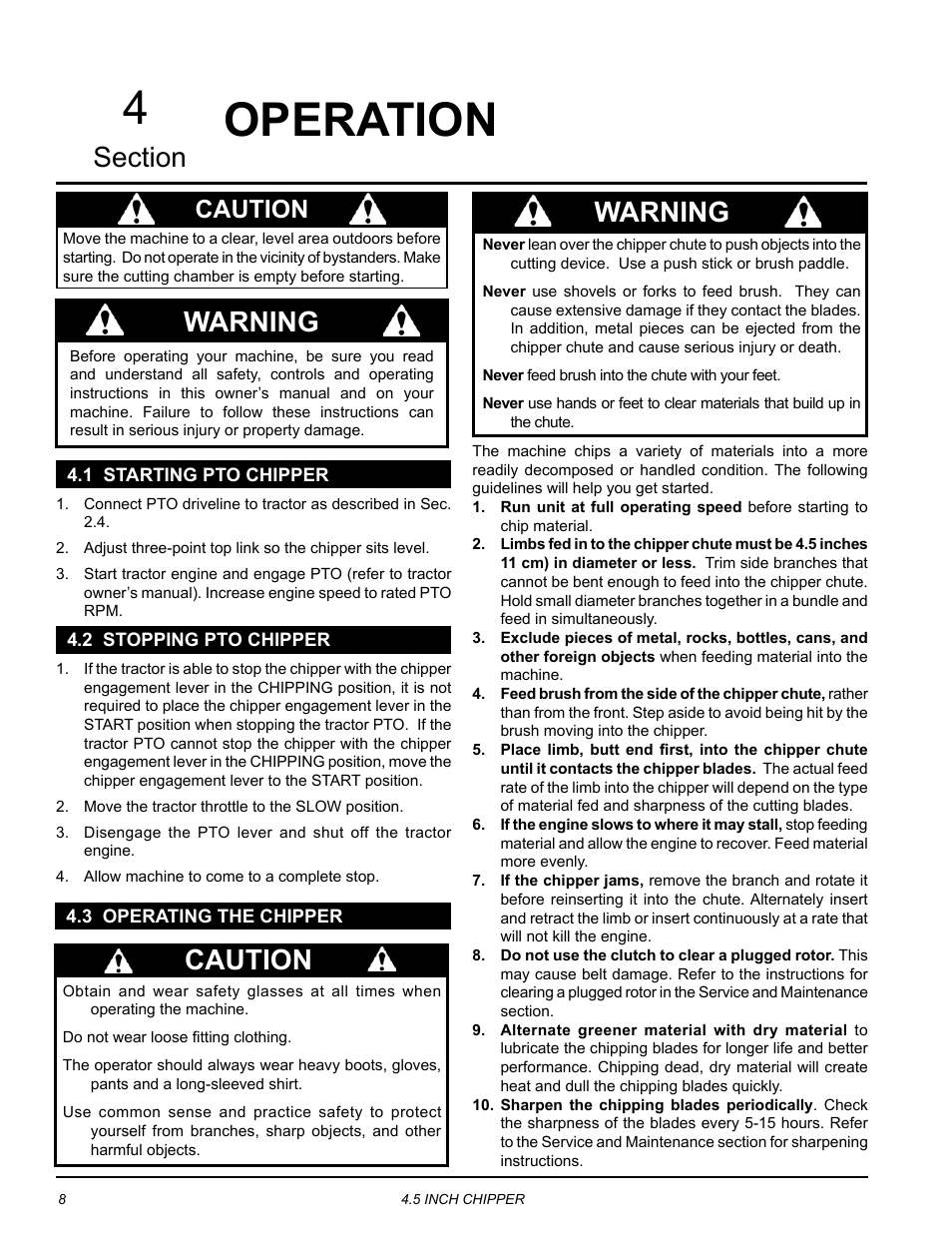 Operation, 1 starting pto chipper, 2 stopping pto chipper | 3 operating the chipper, Operation 4, Warning, Caution | Echo CH45540 Owners Manual v.4 User Manual | Page 12 / 24