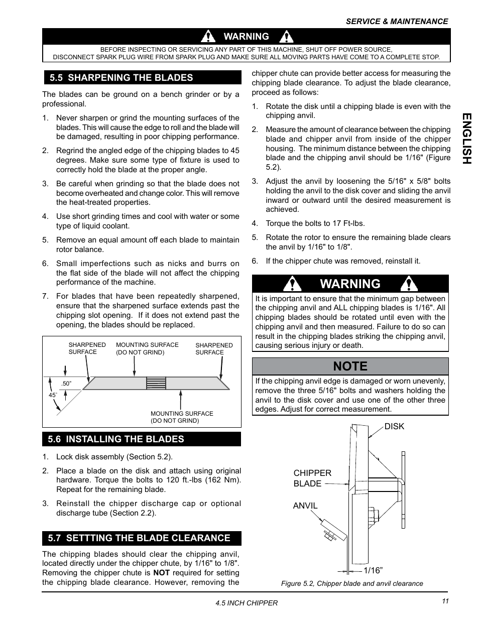 5 sharpening the blades, 6 installing the blades, 7 settting the blade clearance | Warning, English | Echo CH45540 Owners Manual v.4 User Manual | Page 15 / 24