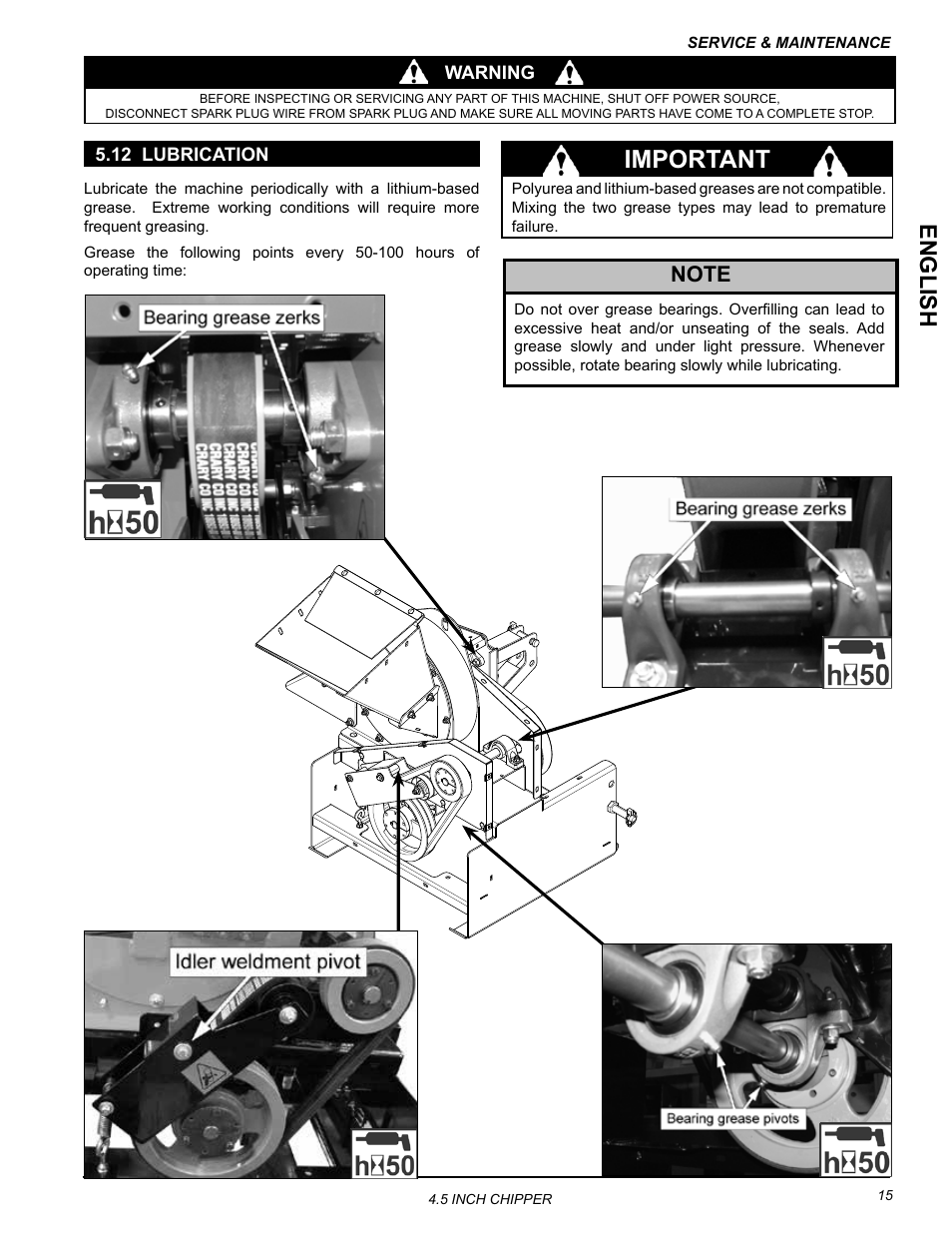 12 lubrication, Important, English | Echo CH45540 Owners Manual v.4 User Manual | Page 19 / 24