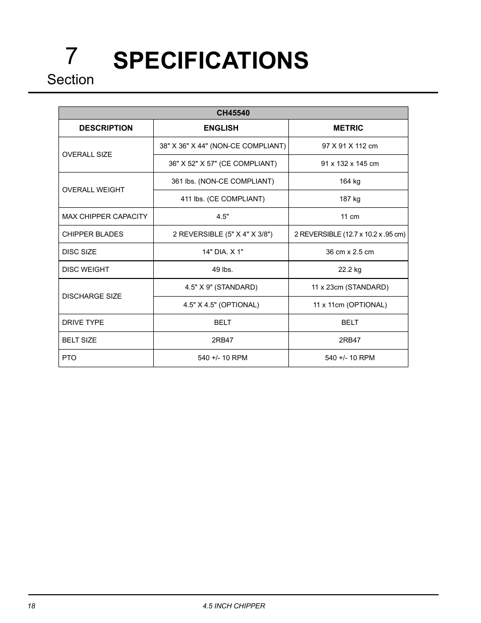 Specifications, Specifications 7 | Echo CH45540 Owners Manual v.4 User Manual | Page 22 / 24