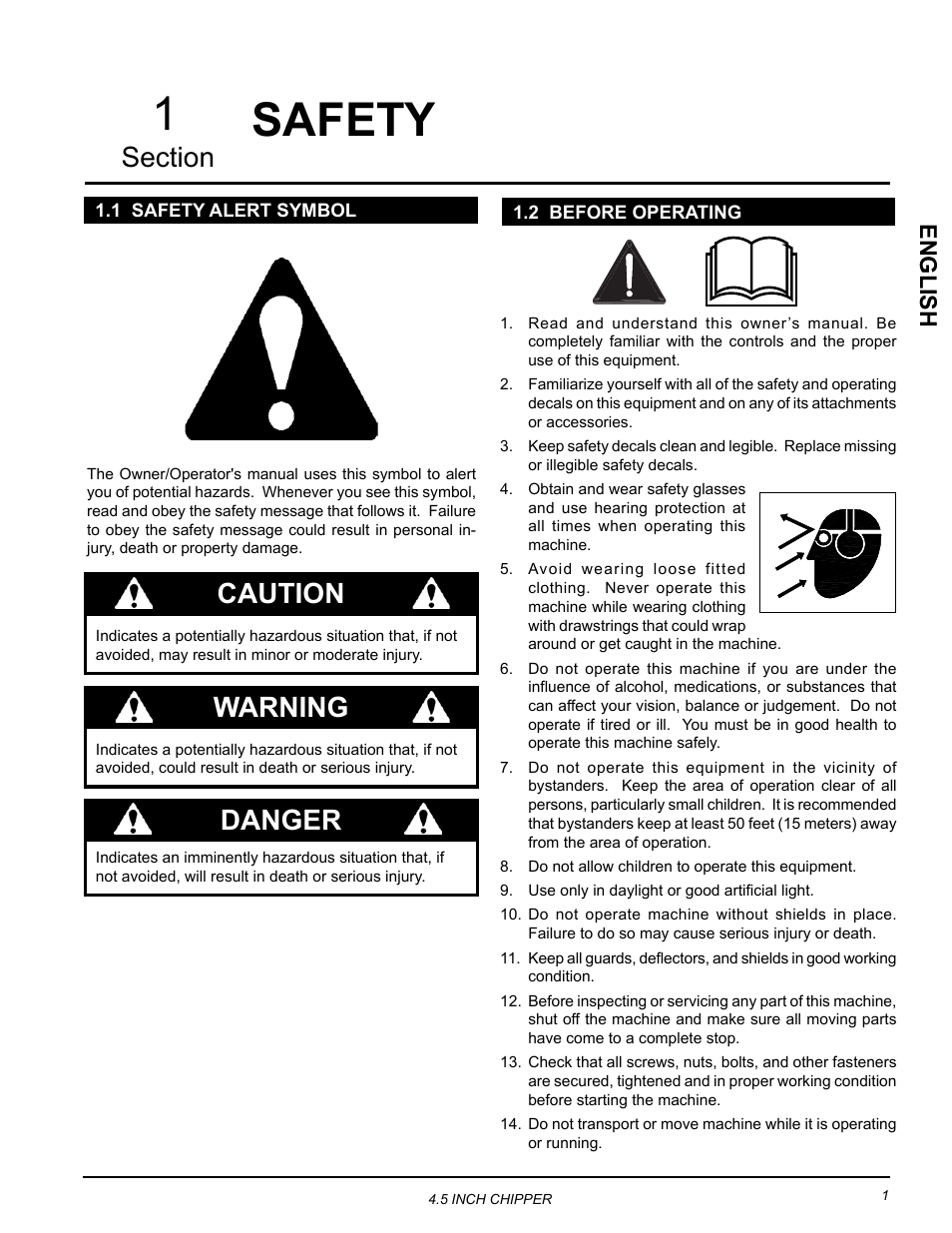 Safety, 1 safety alert symbol, 2 before operating | 1 safety alert symbol 1.2 before operating, Safety 1, Danger, Caution, Warning, English | Echo CH45540 Owners Manual v.4 User Manual | Page 5 / 24