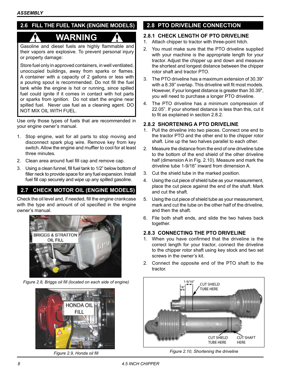 6 fill the fuel tank (engine models), 7 check motor oil (engine models), 8 pto driveline connection | Warning | Echo CH45342 Owners Manual v.3 User Manual | Page 12 / 38