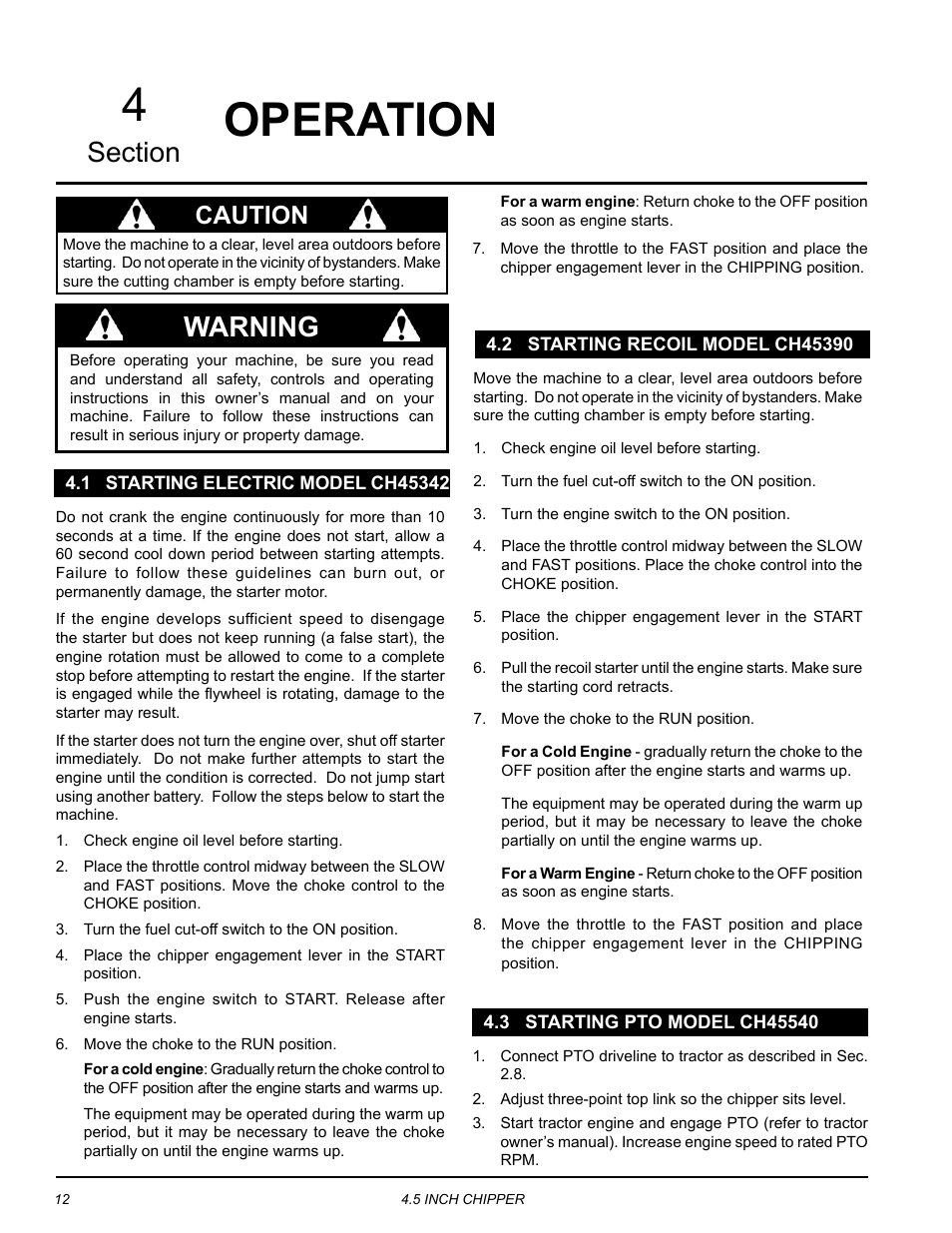 Operation, 1 starting electric model ch45342, 2 starting recoil model ch45390 | 3 starting pto model ch45540, 4operation, Warning, Caution | Echo CH45342 Owners Manual v.3 User Manual | Page 16 / 38