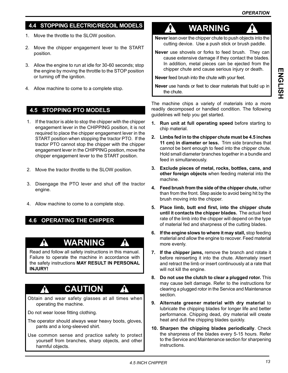 4 stopping electric/recoil models, 5 stopping pto models, 6 operating the chipper | Warning, Caution, English | Echo CH45342 Owners Manual v.3 User Manual | Page 17 / 38