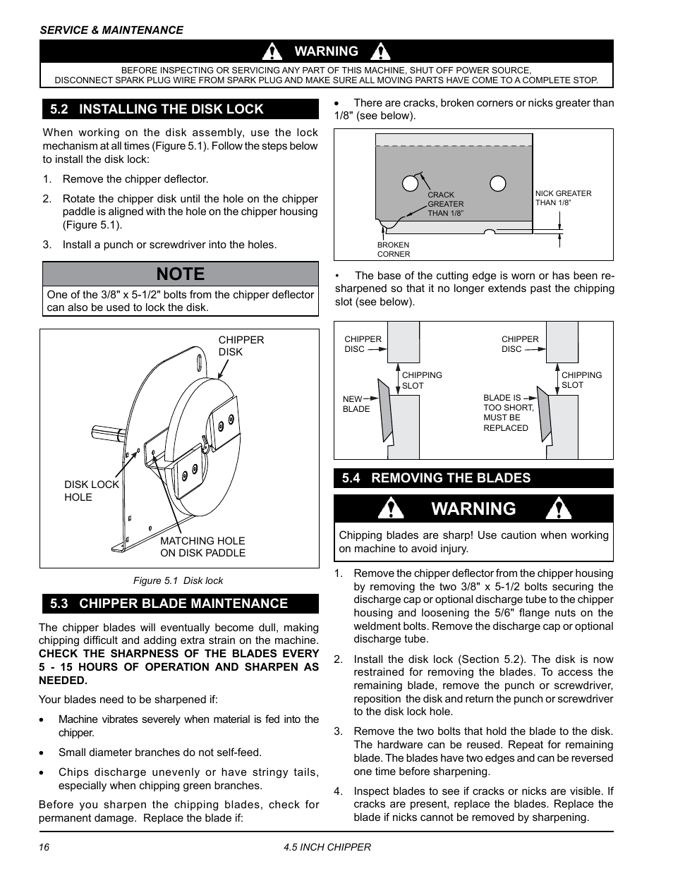 2 installing the disk lock, 3 chipper blade maintenance, 4 removing the blades | Warning | Echo CH45342 Owners Manual v.3 User Manual | Page 20 / 38