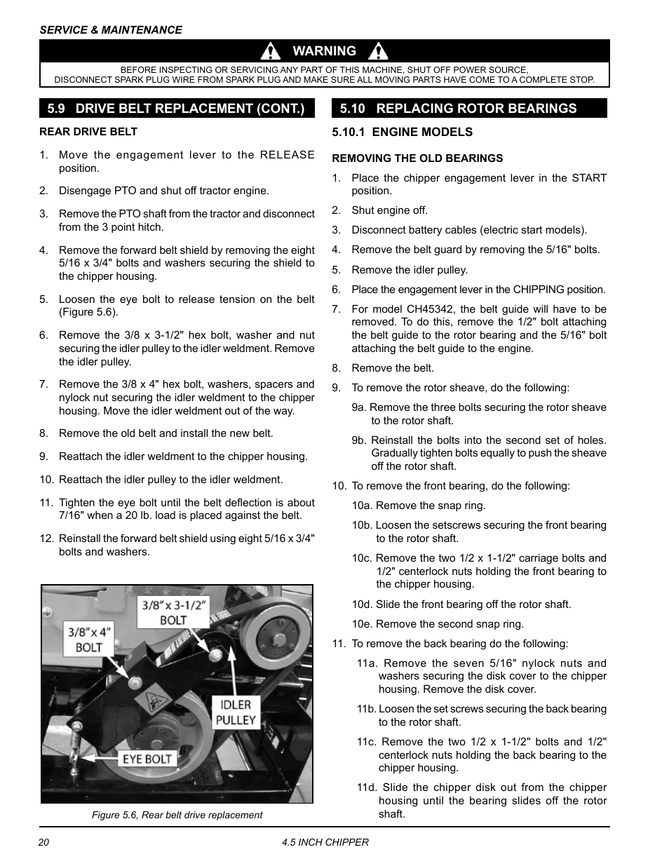 9 drive belt replacement (cont.), 10 replacing rotor bearings | Echo CH45342 Owners Manual v.3 User Manual | Page 24 / 38