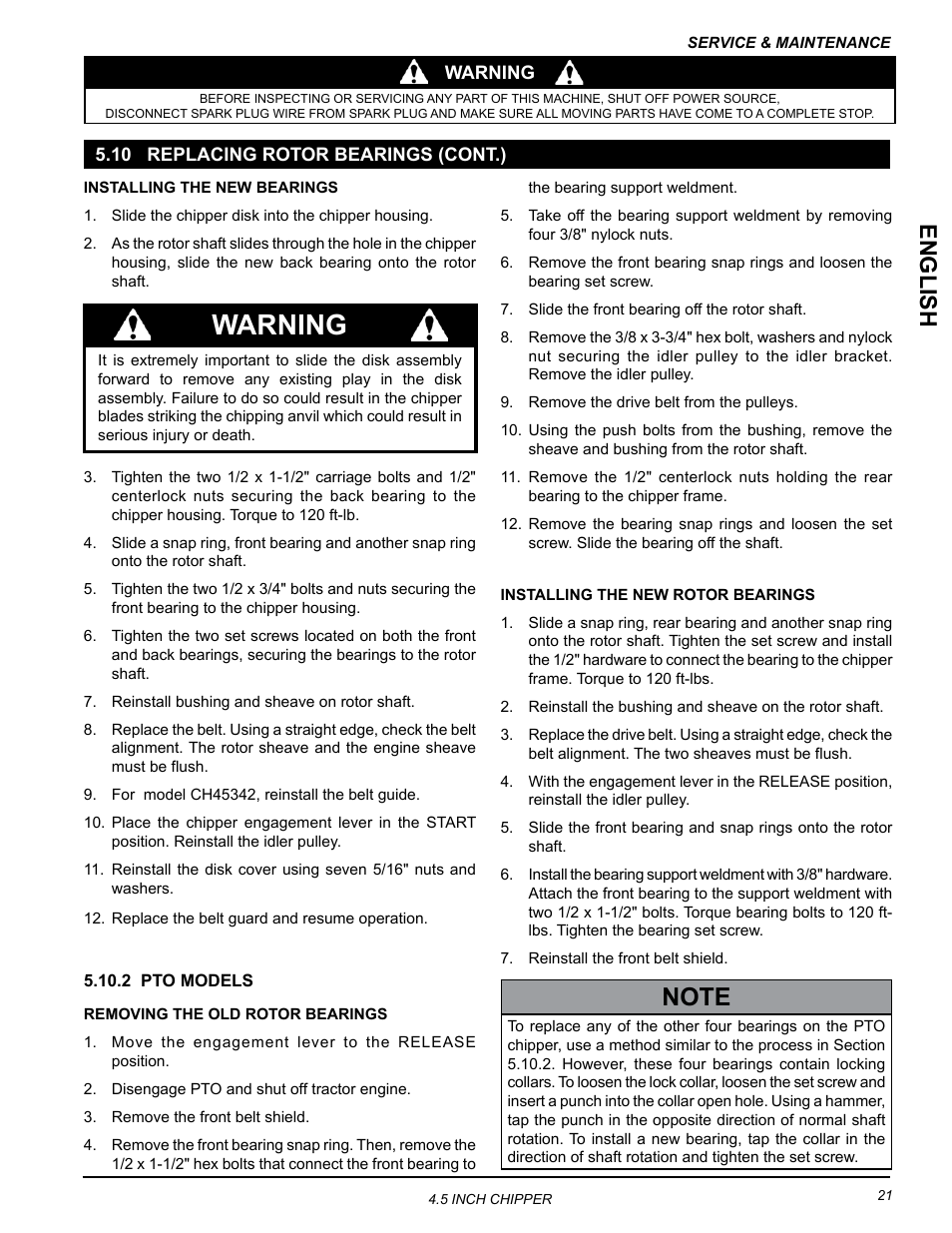 10 replacing rotor bearings (cont.), Warning, English | Echo CH45342 Owners Manual v.3 User Manual | Page 25 / 38