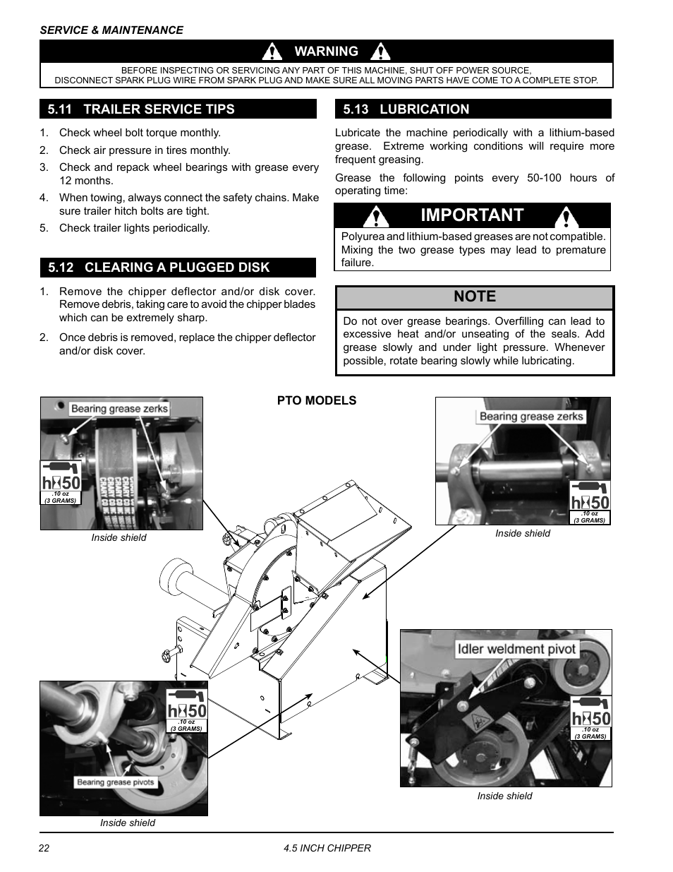 11 trailer service tips, 12 clearing a plugged disk, 13 lubrication | Important, Warning | Echo CH45342 Owners Manual v.3 User Manual | Page 26 / 38