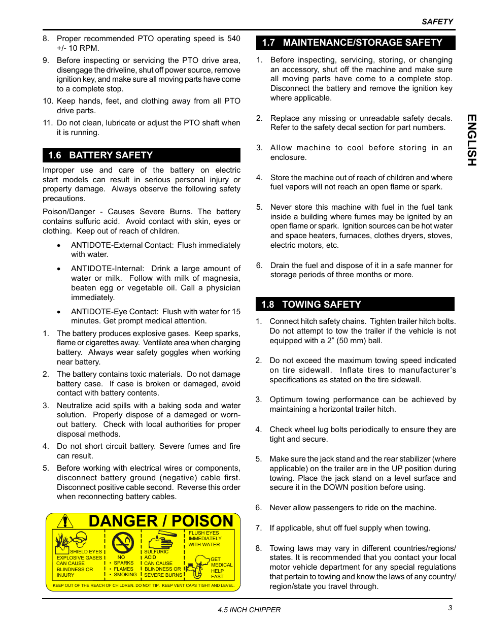 6 battery safety, 7 maintenance/storage safety, 8 towing safety | Danger / poison, English, 8 towing safety 1.7 maintenance/storage safety | Echo CH45342 Owners Manual v.3 User Manual | Page 7 / 38