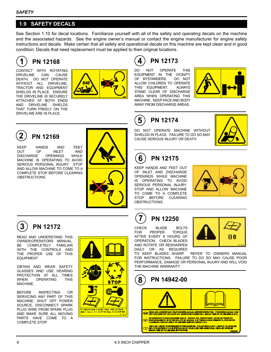 9 safety decals, 9 safety decals 1.9 safety decals | Echo CH45342 Owners Manual v.3 User Manual | Page 8 / 38