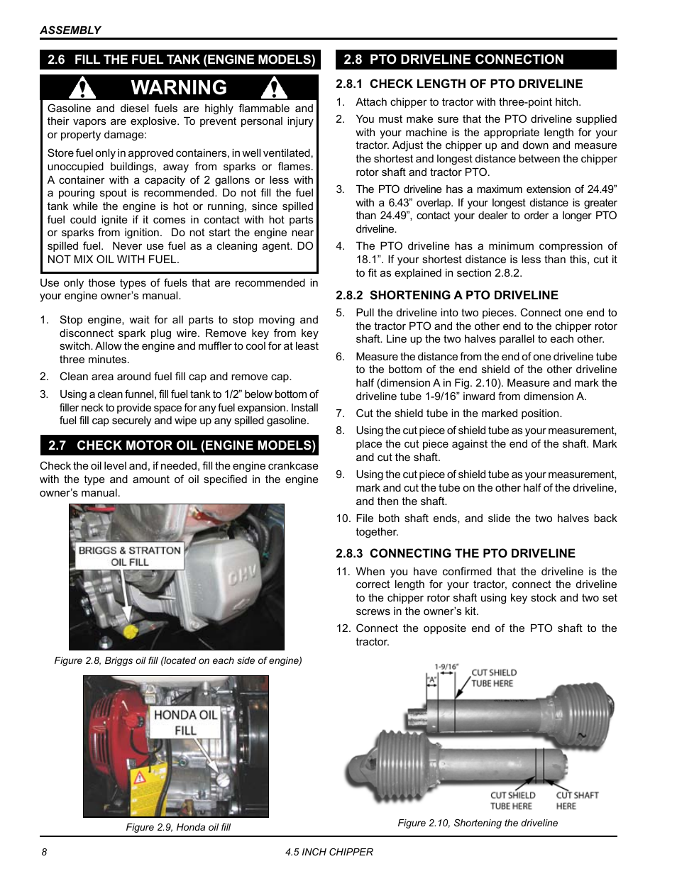 6 fill the fuel tank (engine models), 7 check motor oil (engine models), 8 pto driveline connection | Warning | Echo CH45342 Owners Manual v.2 User Manual | Page 12 / 35