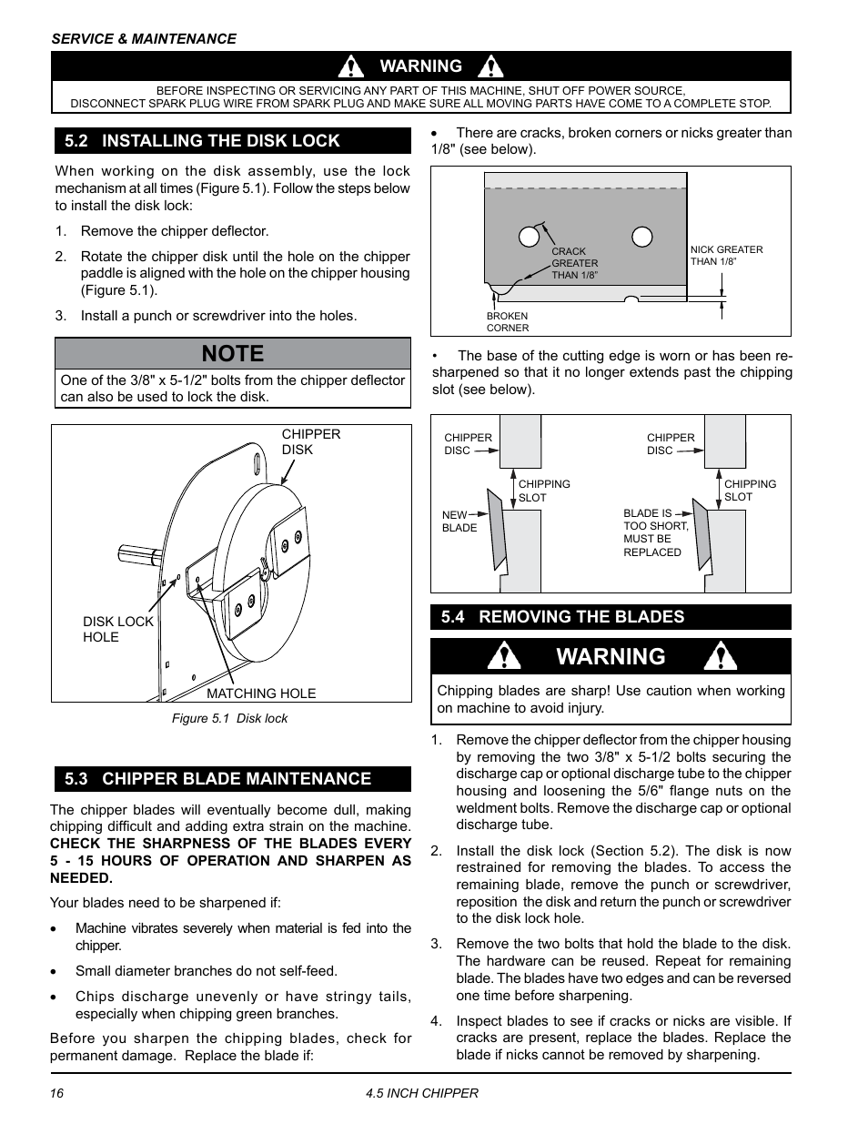 2 installing the disk lock, 3 chipper blade maintenance, 4 removing the blades | Warning | Echo CH45342 Owners Manual v.2 User Manual | Page 20 / 35