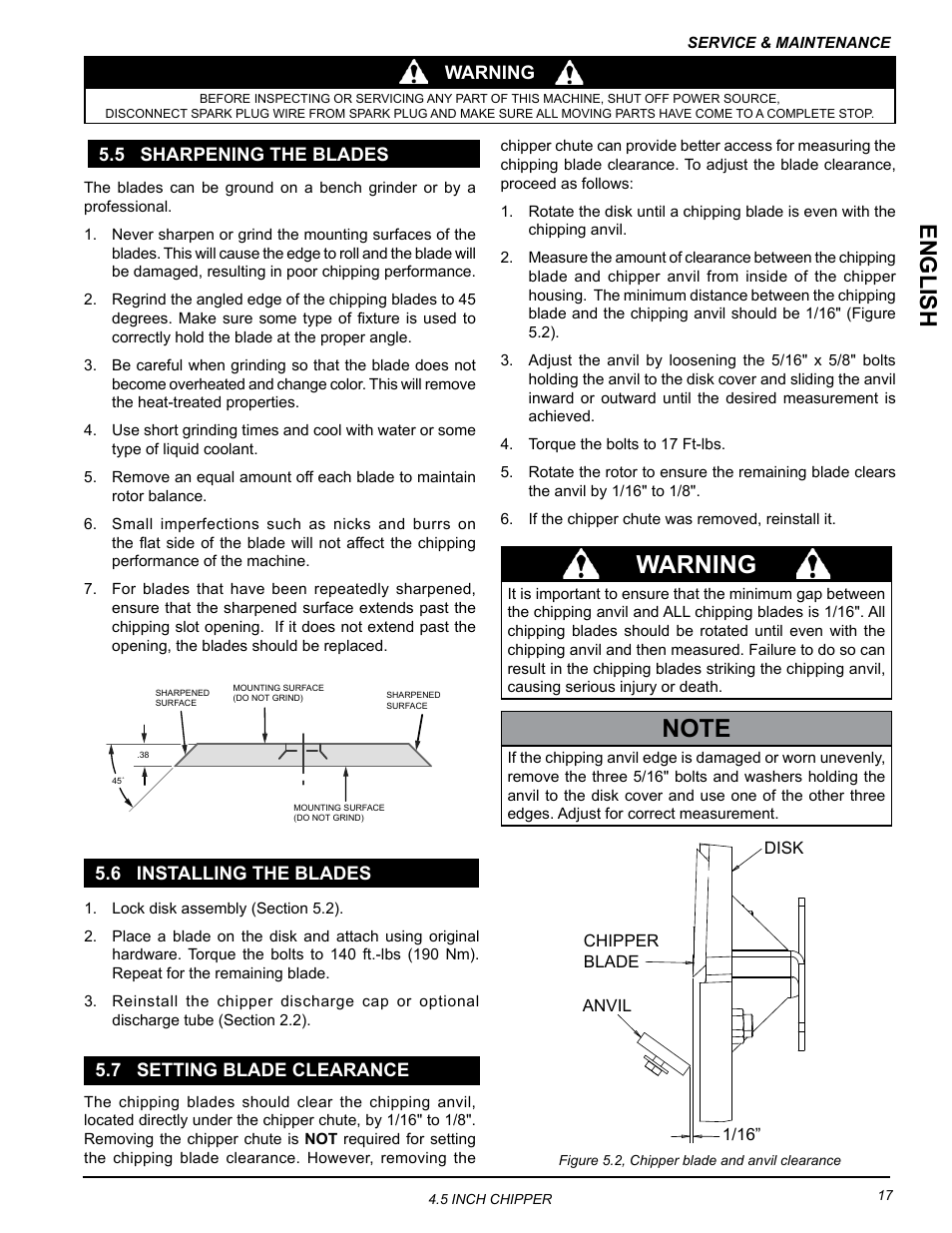 5 sharpening the blades, 6 installing the blades, 7 setting blade clearance | Warning, English | Echo CH45342 Owners Manual v.2 User Manual | Page 21 / 35