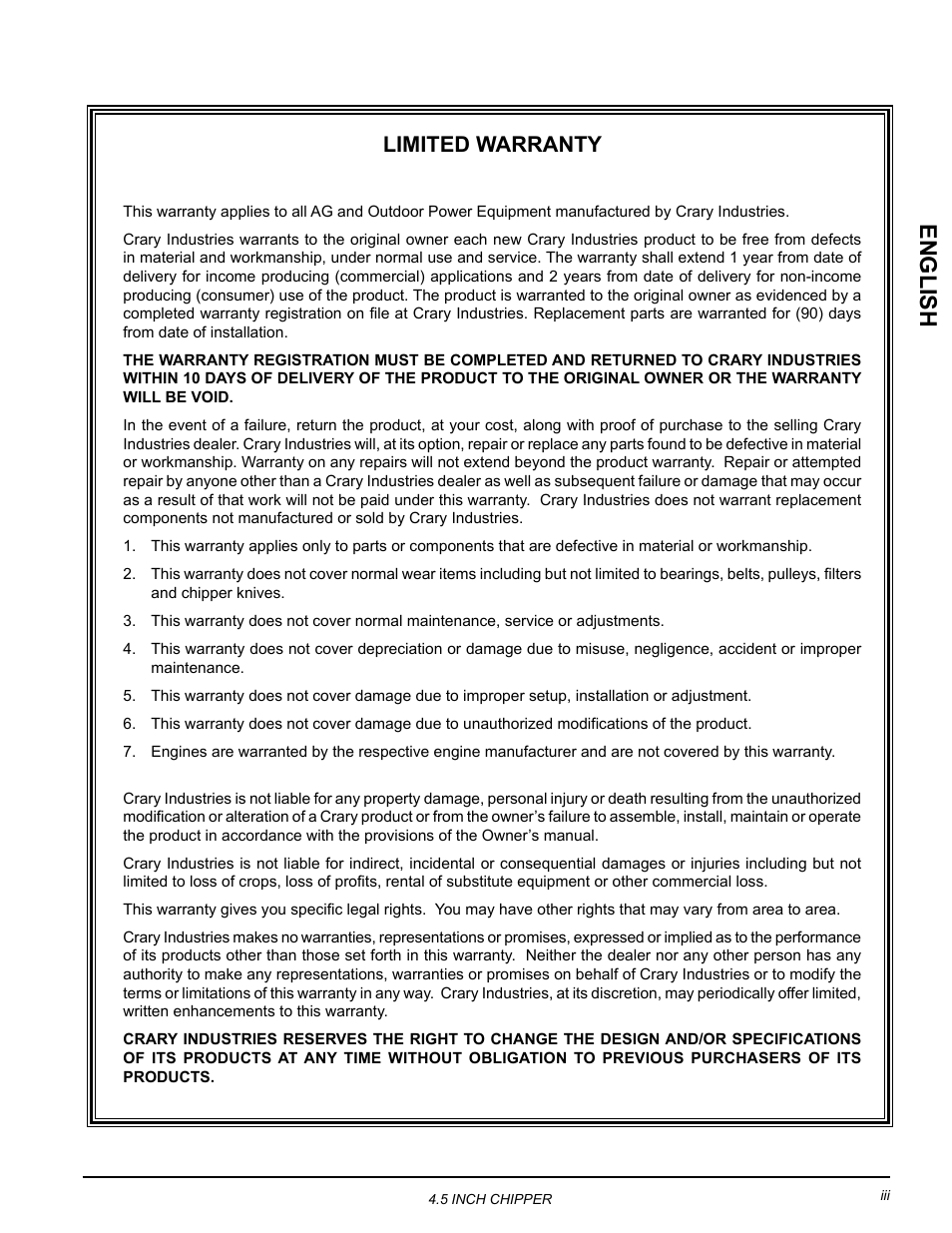 English, Limited warranty | Echo CH45342 Owners Manual v.2 User Manual | Page 3 / 35