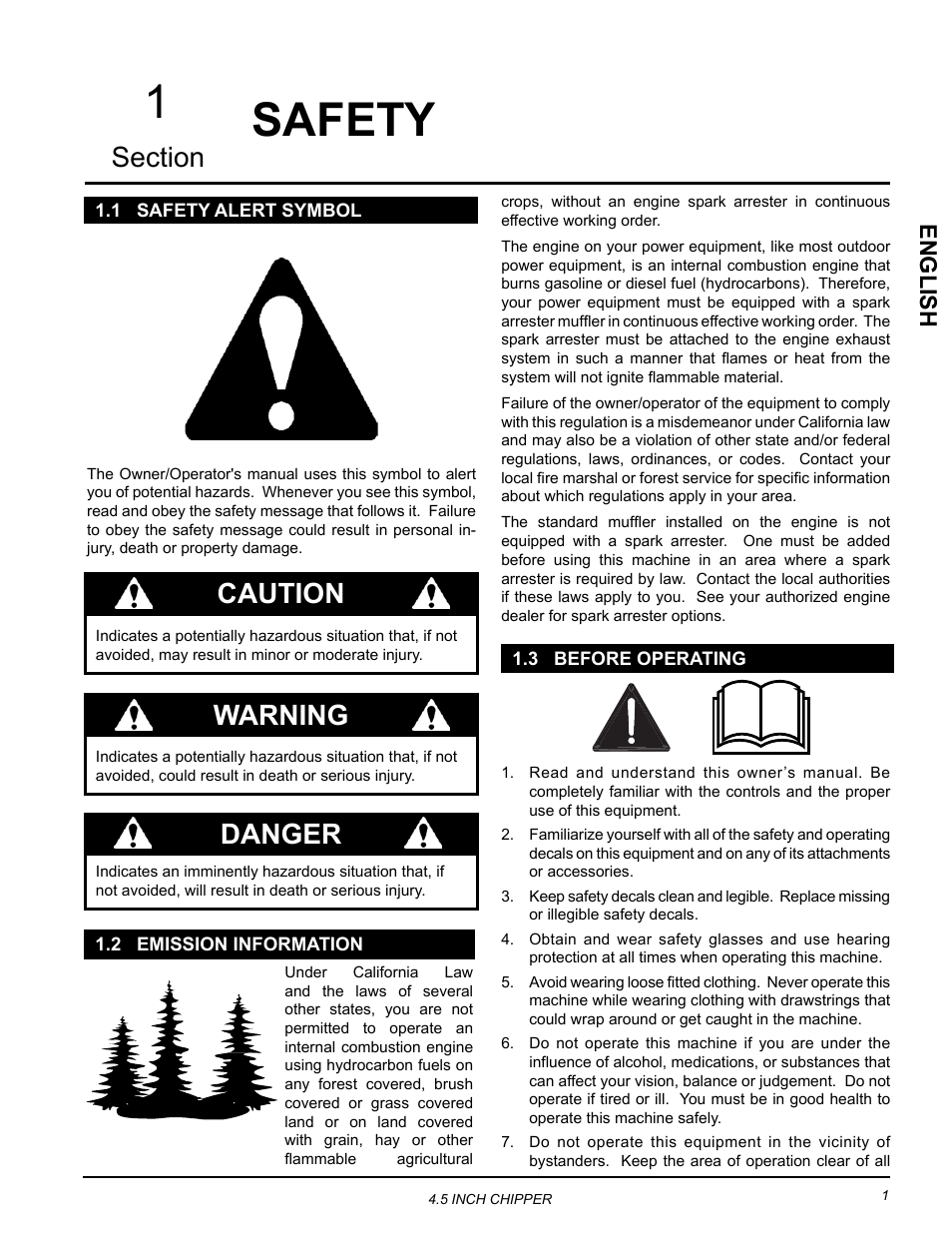 Safety, 1 safety alert symbol, 2 emission information | 3 before operating, 1safety, Danger, Caution, Warning, English | Echo CH45342 Owners Manual v.2 User Manual | Page 5 / 35