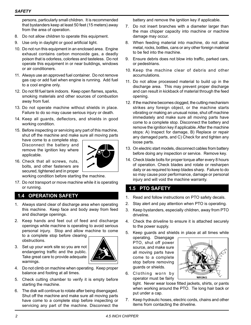 4 operation safety, 5 pto safety, 4 operation safety 1.5 pto safety | Echo CH45342 Owners Manual v.2 User Manual | Page 6 / 35