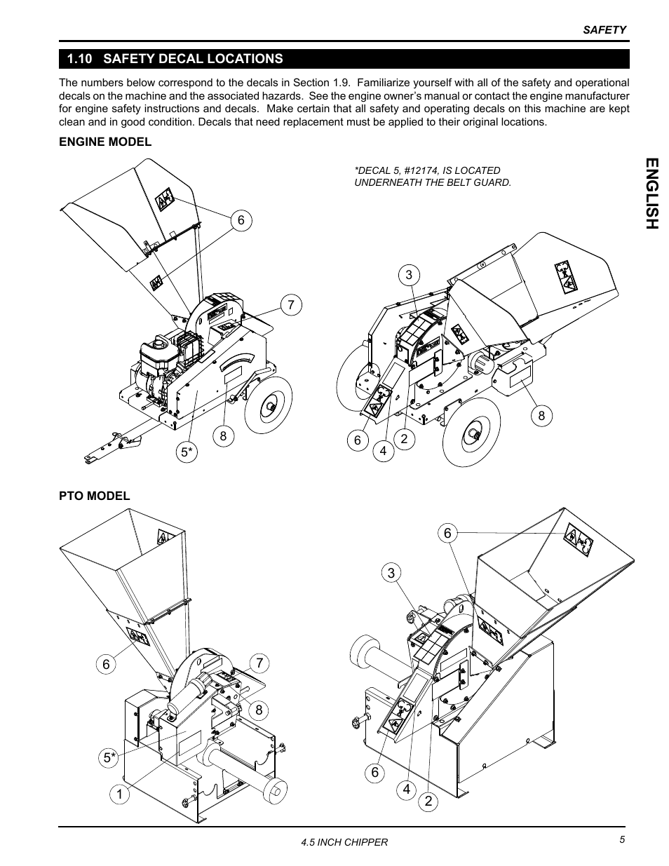 10 safety decal locations, English | Echo CH45342 Owners Manual v.2 User Manual | Page 9 / 35