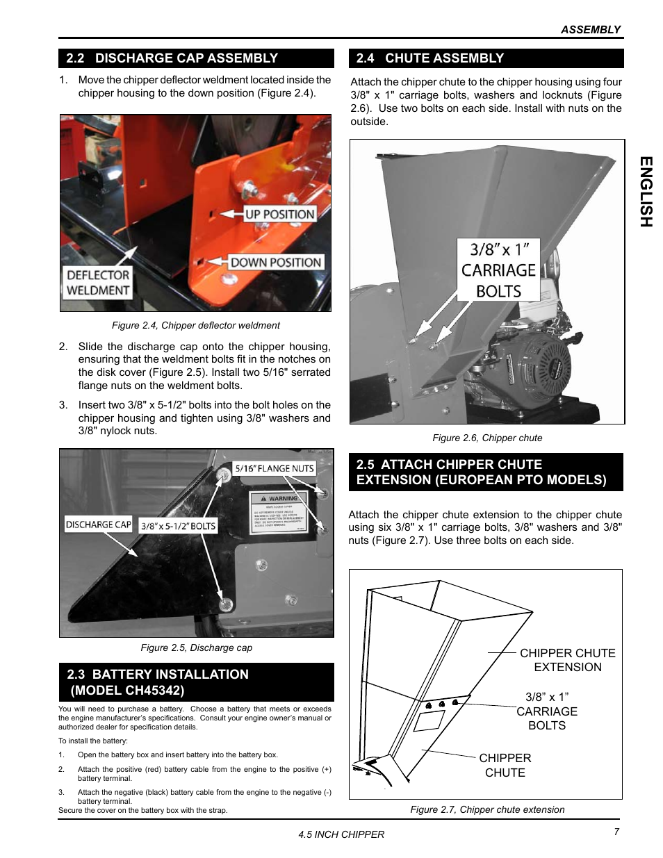 2 discharge cap assembly, 3 battery installation (model ch45342), 4 chute assembly | English | Echo CH45342 Owners Manual v.1 User Manual | Page 11 / 35