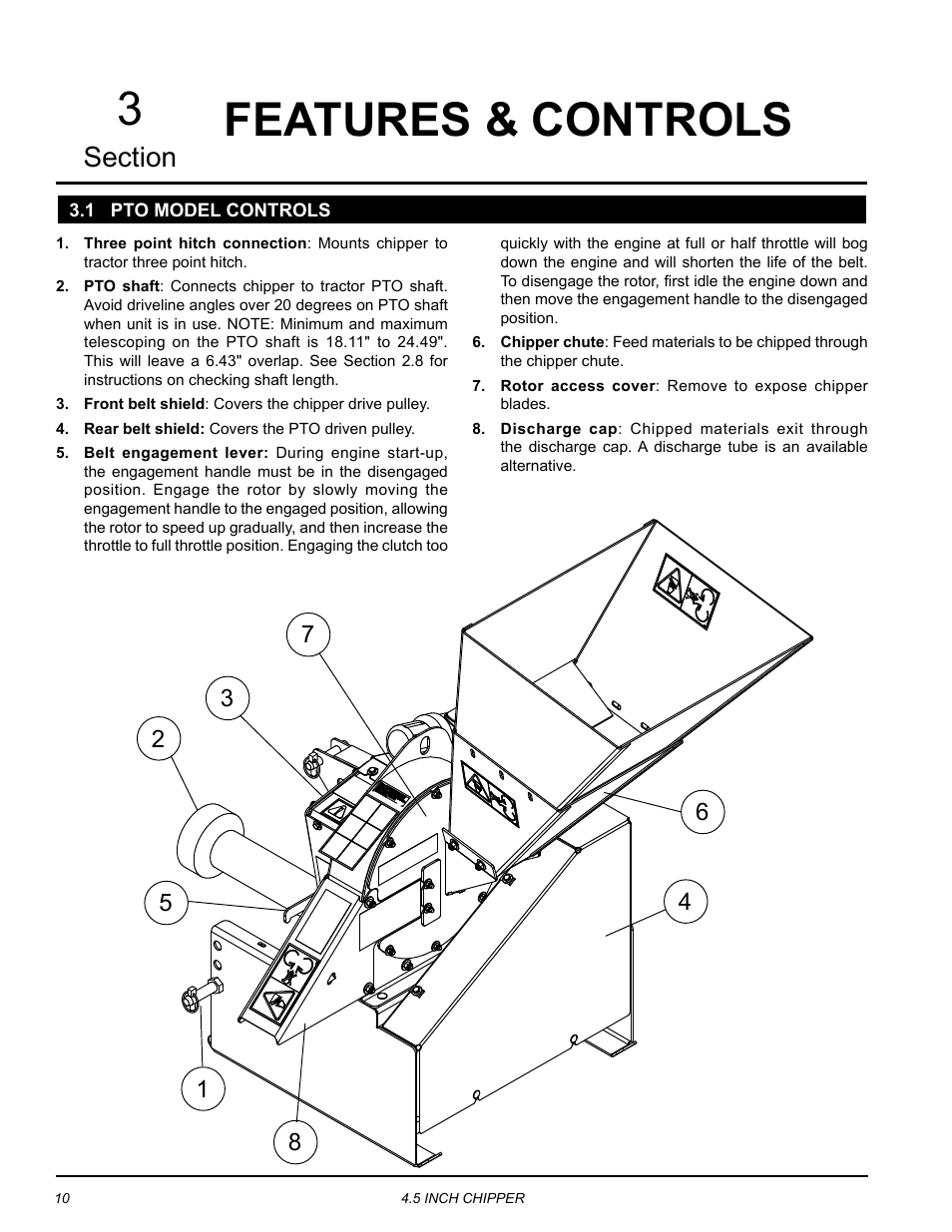 Features & controls, 1 pto model controls, Features & controls 3 | Echo CH45342 Owners Manual v.1 User Manual | Page 14 / 35