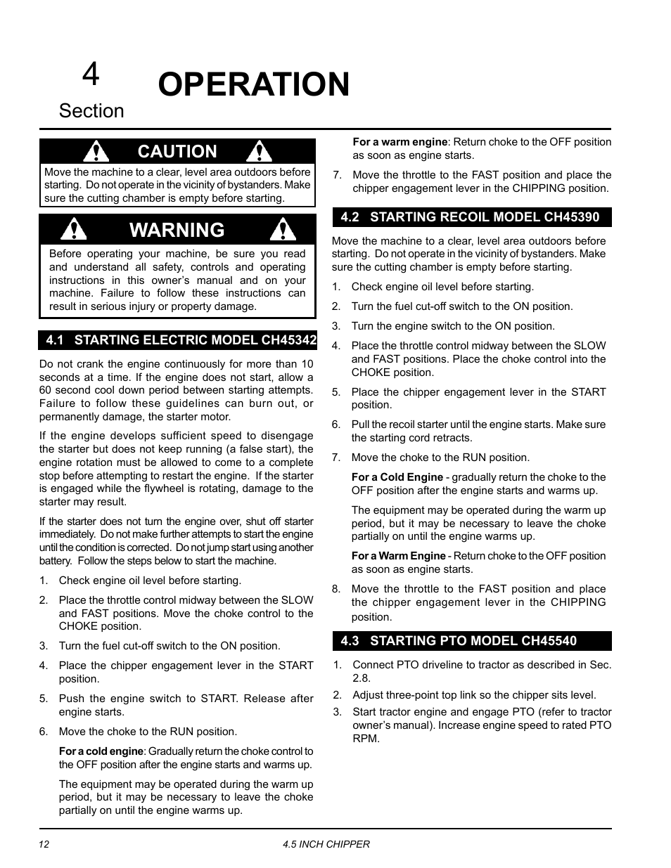 Operation, 1 starting electric model ch45342, 2 starting recoil model ch45390 | 3 starting pto model ch45540, 4operation, Warning, Caution | Echo CH45342 Owners Manual v.1 User Manual | Page 16 / 35