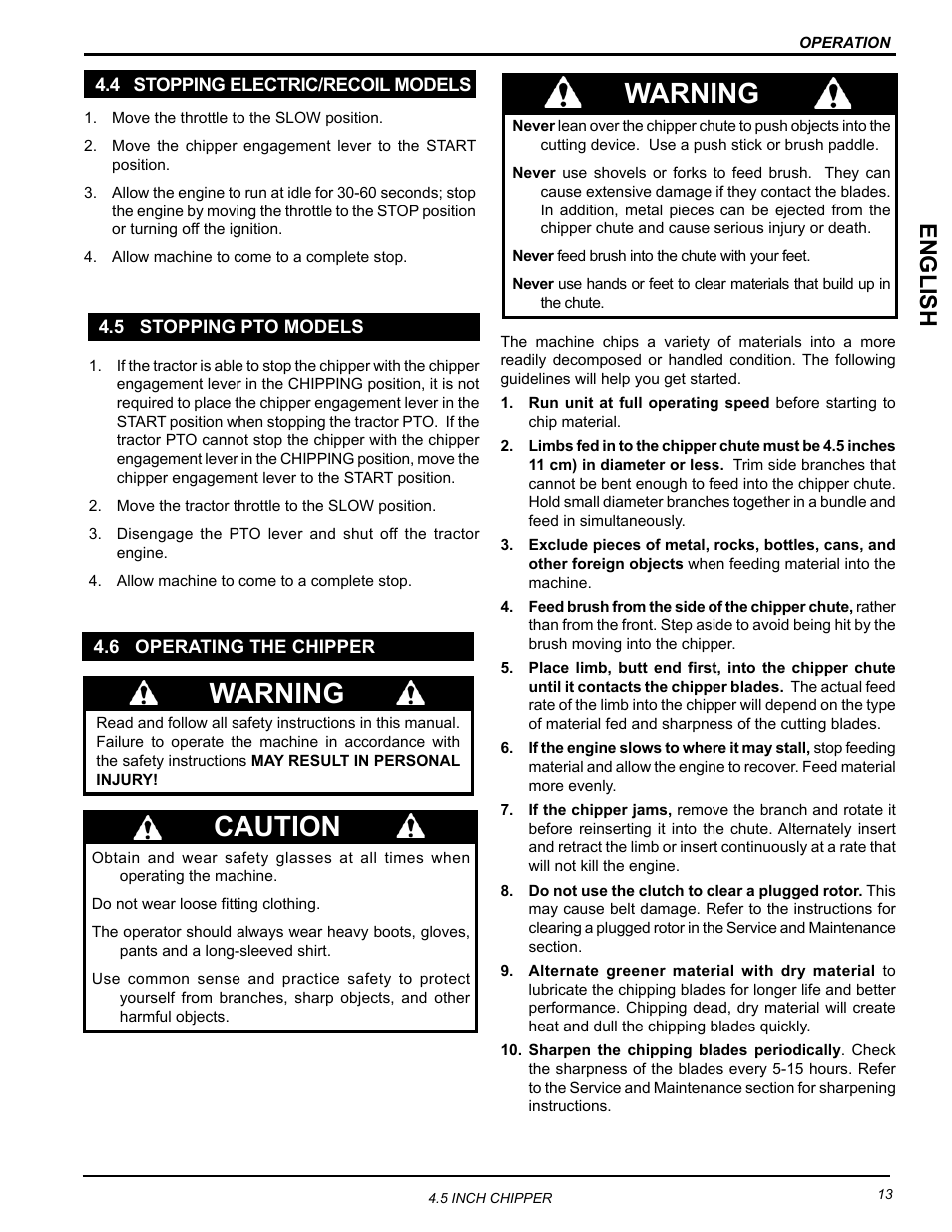 4 stopping electric/recoil models, 5 stopping pto models, 6 operating the chipper | Warning, Caution, English | Echo CH45342 Owners Manual v.1 User Manual | Page 17 / 35