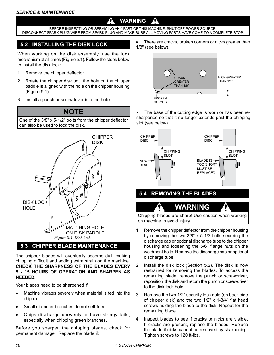 2 installing the disk lock, 3 chipper blade maintenance, 4 removing the blades | Warning | Echo CH45342 Owners Manual v.1 User Manual | Page 20 / 35