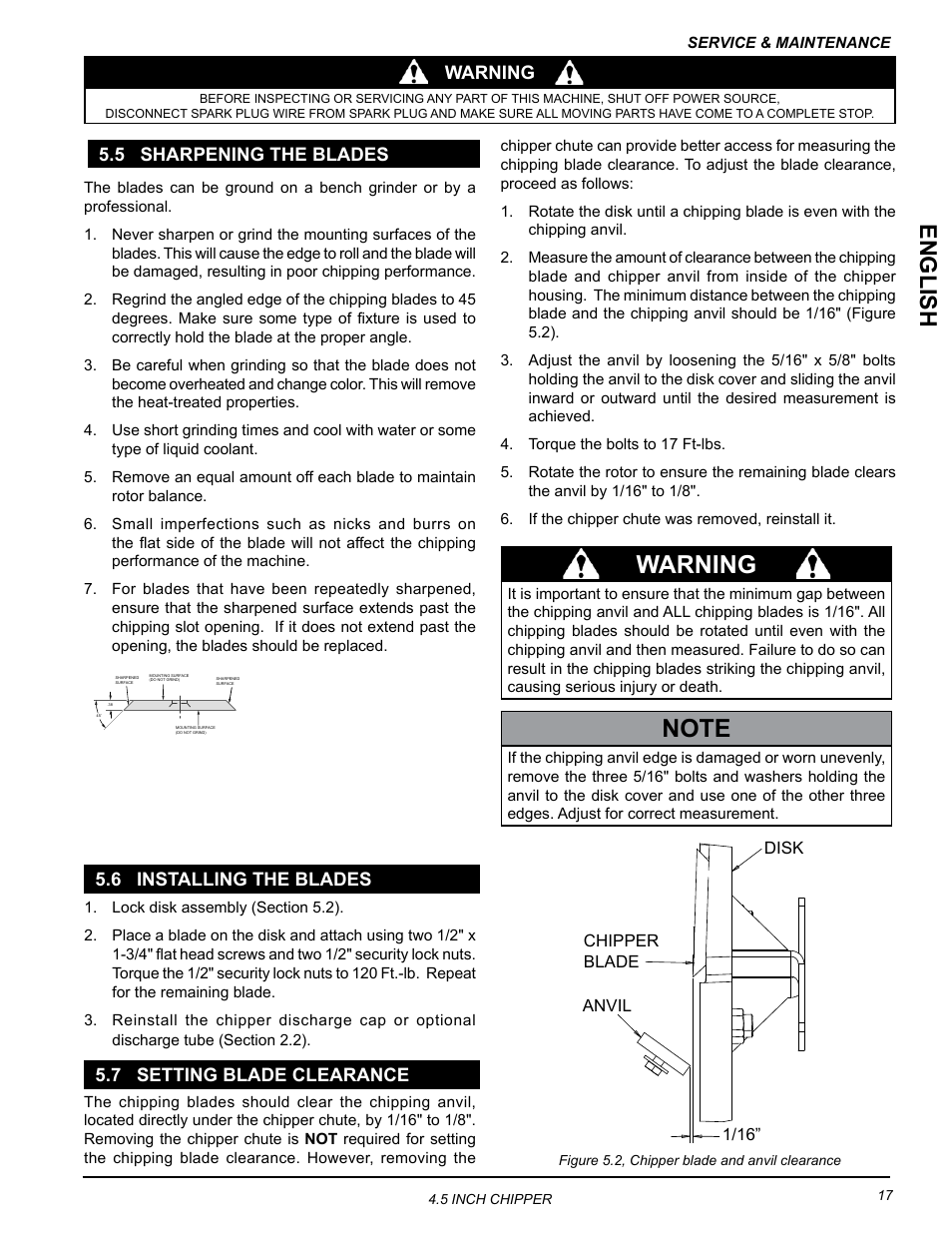 5 sharpening the blades, 6 installing the blades, 7 setting blade clearance | English, Warning | Echo CH45342 Owners Manual v.1 User Manual | Page 21 / 35