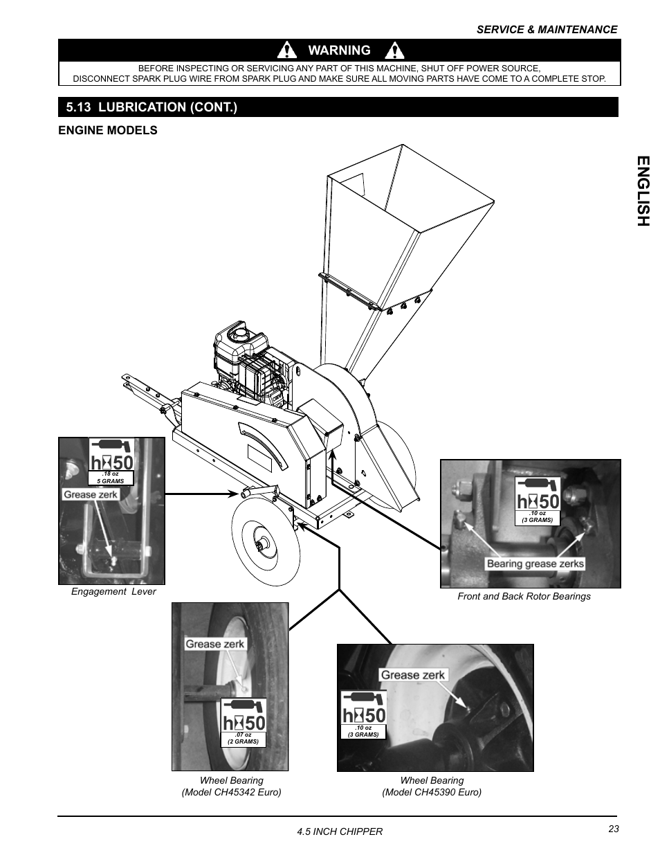 English, Warning, 13 lubrication (cont.) | Engine models | Echo CH45342 Owners Manual v.1 User Manual | Page 27 / 35