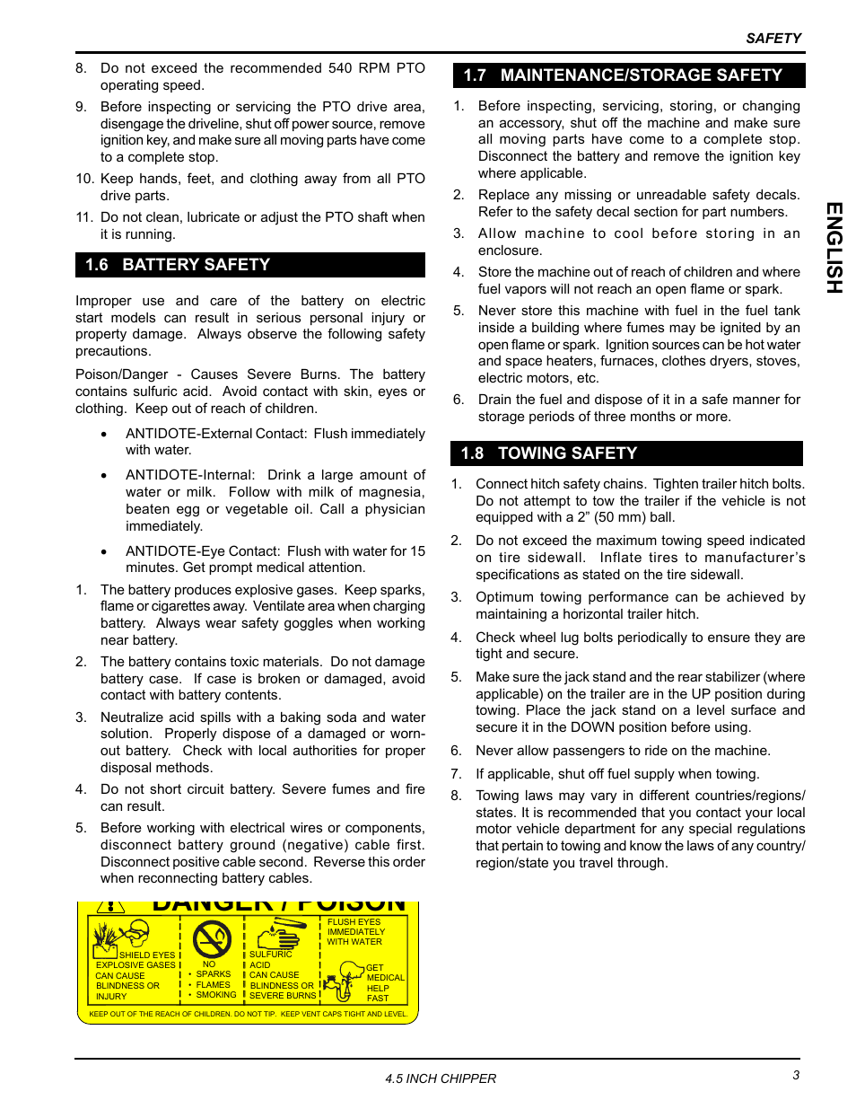 6 battery safety, 7 maintenance/storage safety, 8 towing safety | Danger / poison, English, 8 towing safety 1.7 maintenance/storage safety | Echo CH45342 Owners Manual v.1 User Manual | Page 7 / 35