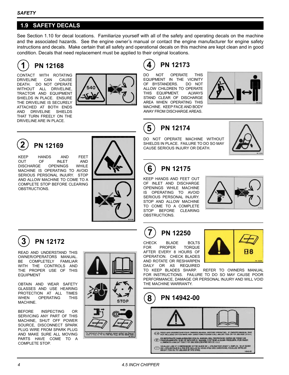9 safety decals, 9 safety decals 1.9 safety decals | Echo CH45342 Owners Manual v.1 User Manual | Page 8 / 35