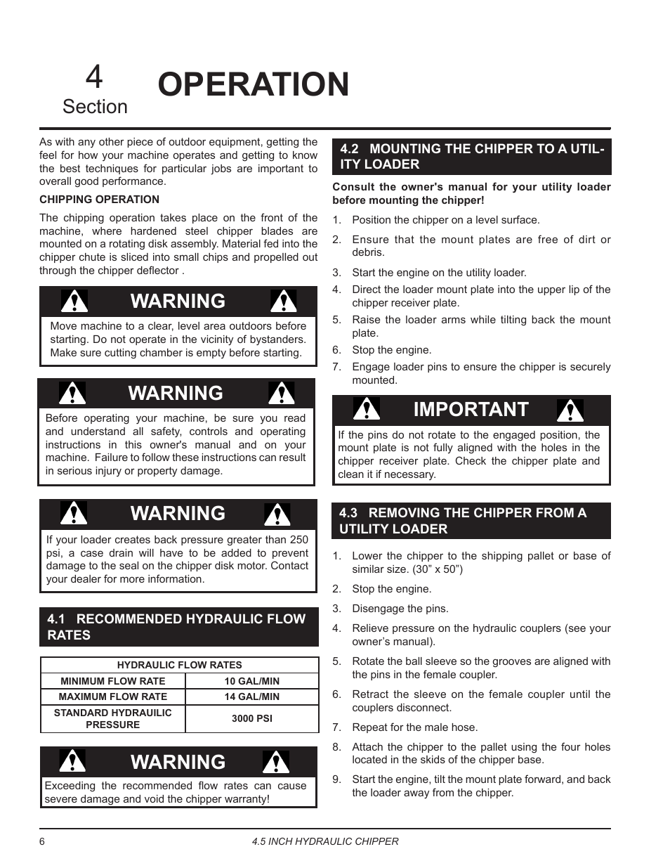 Operation, 1 recommended hydraulic flow rates, 2 mounting the chipper to a utility loader | 3 removing the chipper from a utility loader, Warning, Important | Echo CH450H Owners Manual v.2 User Manual | Page 10 / 27