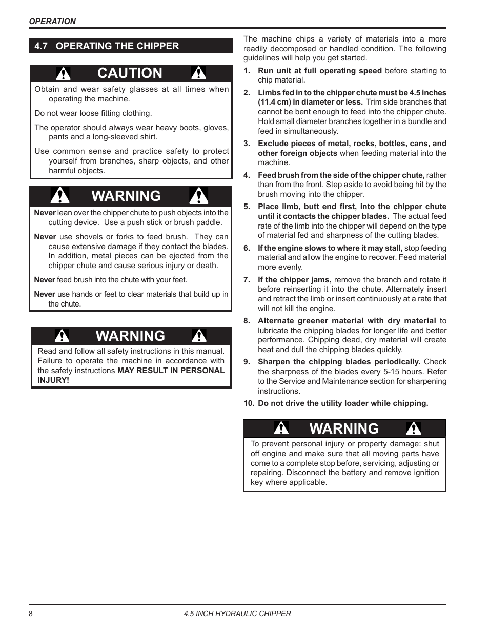 7 operating the chipper, Caution warning, Warning | Echo CH450H Owners Manual v.2 User Manual | Page 12 / 27