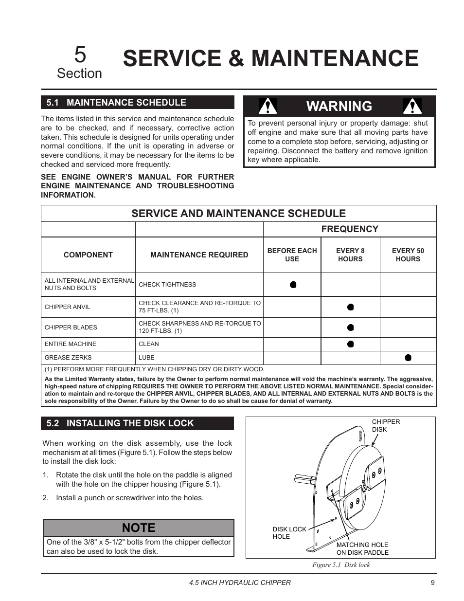 Service & maintenance, 1 maintenance schedule, 2 installing the disk lock | Service & maintenance 5, Warning, Service and maintenance schedule | Echo CH450H Owners Manual v.2 User Manual | Page 13 / 27