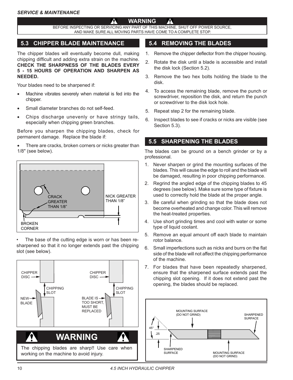 3 chipper blade maintenance, 4 removing the blades, 5 sharpening the blades | Warning, Warning 5.3 chipper blade maintenance, 5 sharpening the blades 5.4 removing the blades | Echo CH450H Owners Manual v.2 User Manual | Page 14 / 27