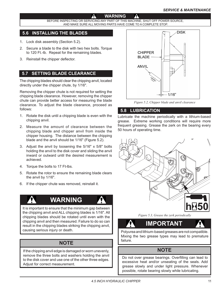 6 installing the blades, 7 setting blade clearance, 8 lubrication | 50 h, Warning, Important | Echo CH450H Owners Manual v.2 User Manual | Page 15 / 27