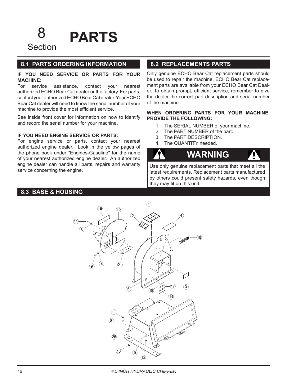 Parts, 1 parts ordering information, 3 base & housing | Parts 8, Warning | Echo CH450H Owners Manual v.2 User Manual | Page 20 / 27