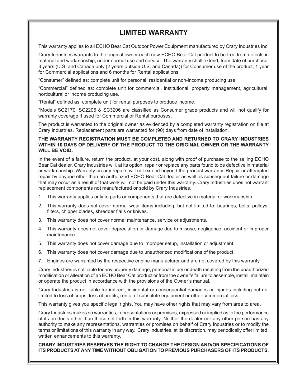 Limited warranty | Echo CH450H Owners Manual v.2 User Manual | Page 3 / 27