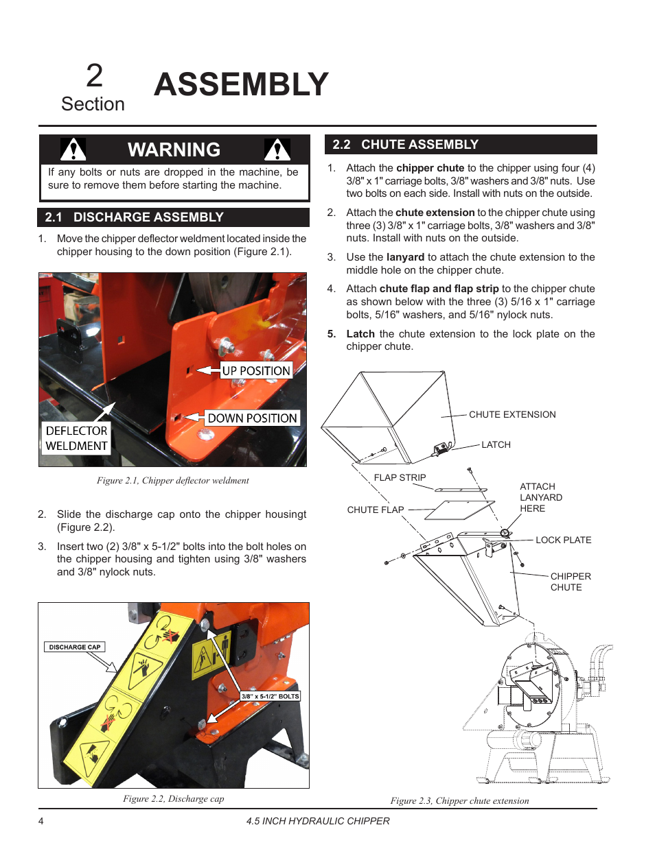 Assembly, 1 discharge assembly, 2 chute assembly | 1 discharge assembly 2.2 chute assembly, Assembly 2, Warning | Echo CH450H Owners Manual v.2 User Manual | Page 8 / 27