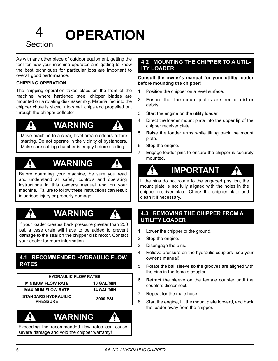 Operation, 1 recommended hydraulic flow rates, 2 mounting the chipper to a utility loader | 3 removing the chipper from a utility loader, Warning, Important | Echo CH450H Owners Manual v.1 User Manual | Page 10 / 28