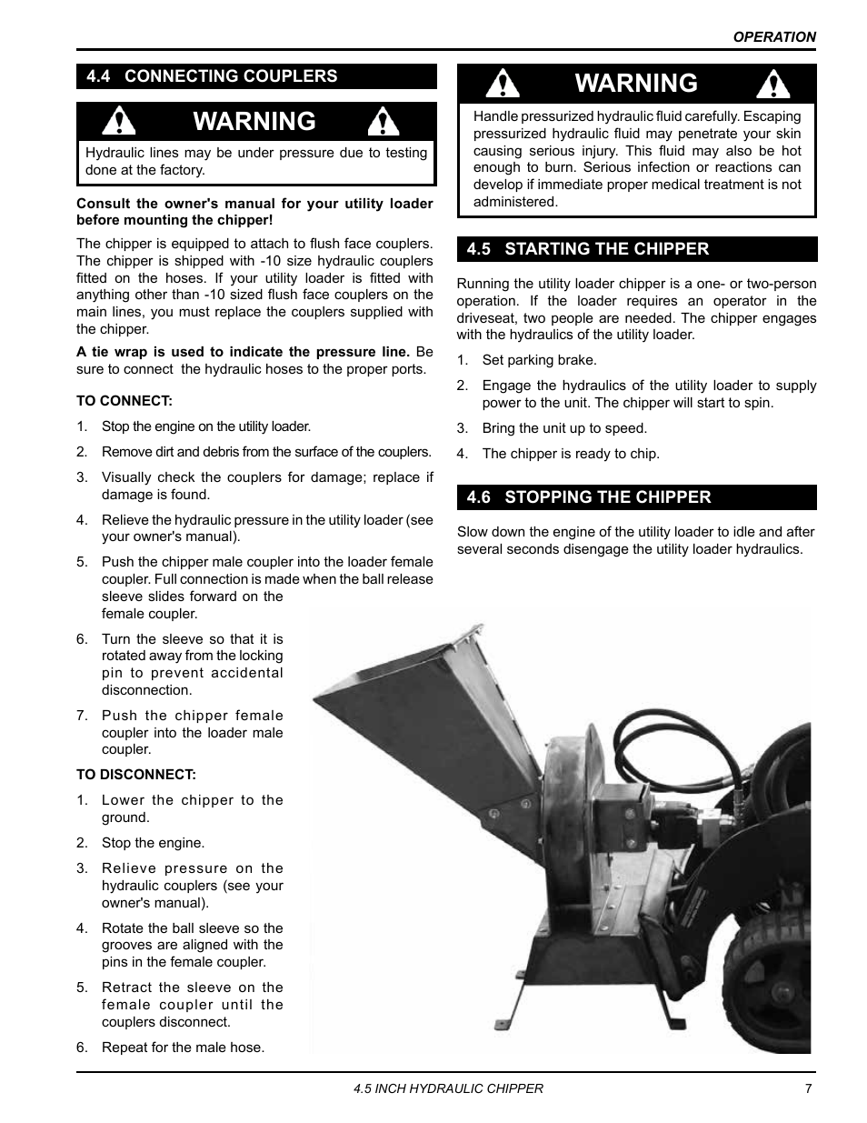 4 connecting couplers, 5 starting the chipper, 6 stopping the chipper | Warning | Echo CH450H Owners Manual v.1 User Manual | Page 11 / 28